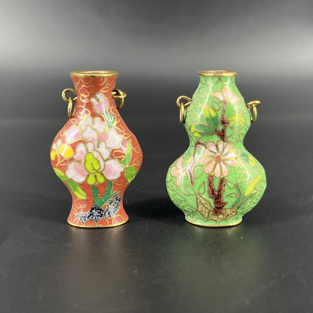 2 Miniature Chinese Copper Enamel Cloisonné Bottle Vases Floral Design Signed